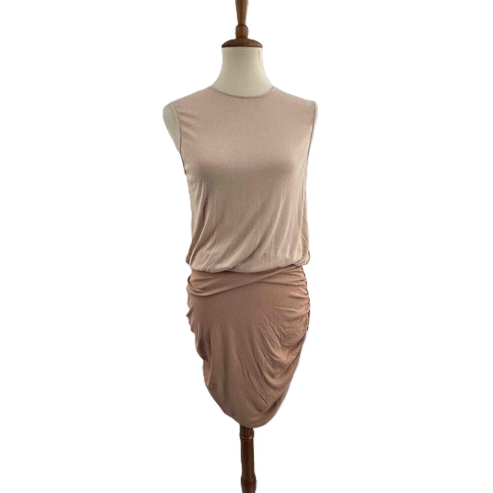 Ronny Kobo Cream Sleeveless Ribbed Knit Skirt Round Neck Jersey Dress Small